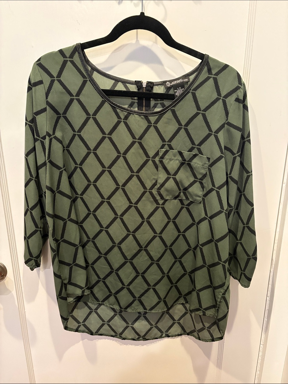 Signature Studio Olive Geometric Pocket Blouse with Black Pattern BN103